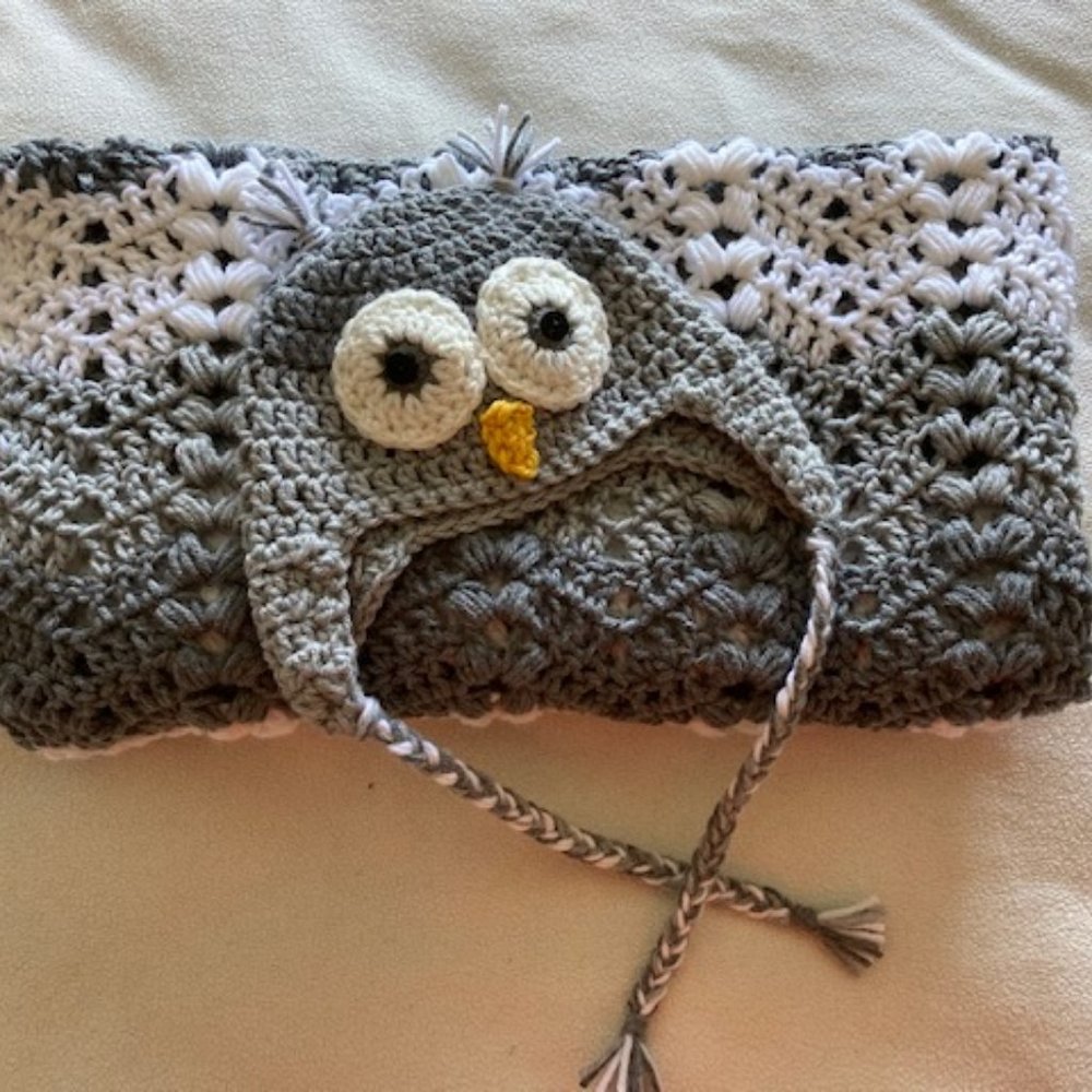 Gray Tones & White Baby Layette Set with Owl  Hat